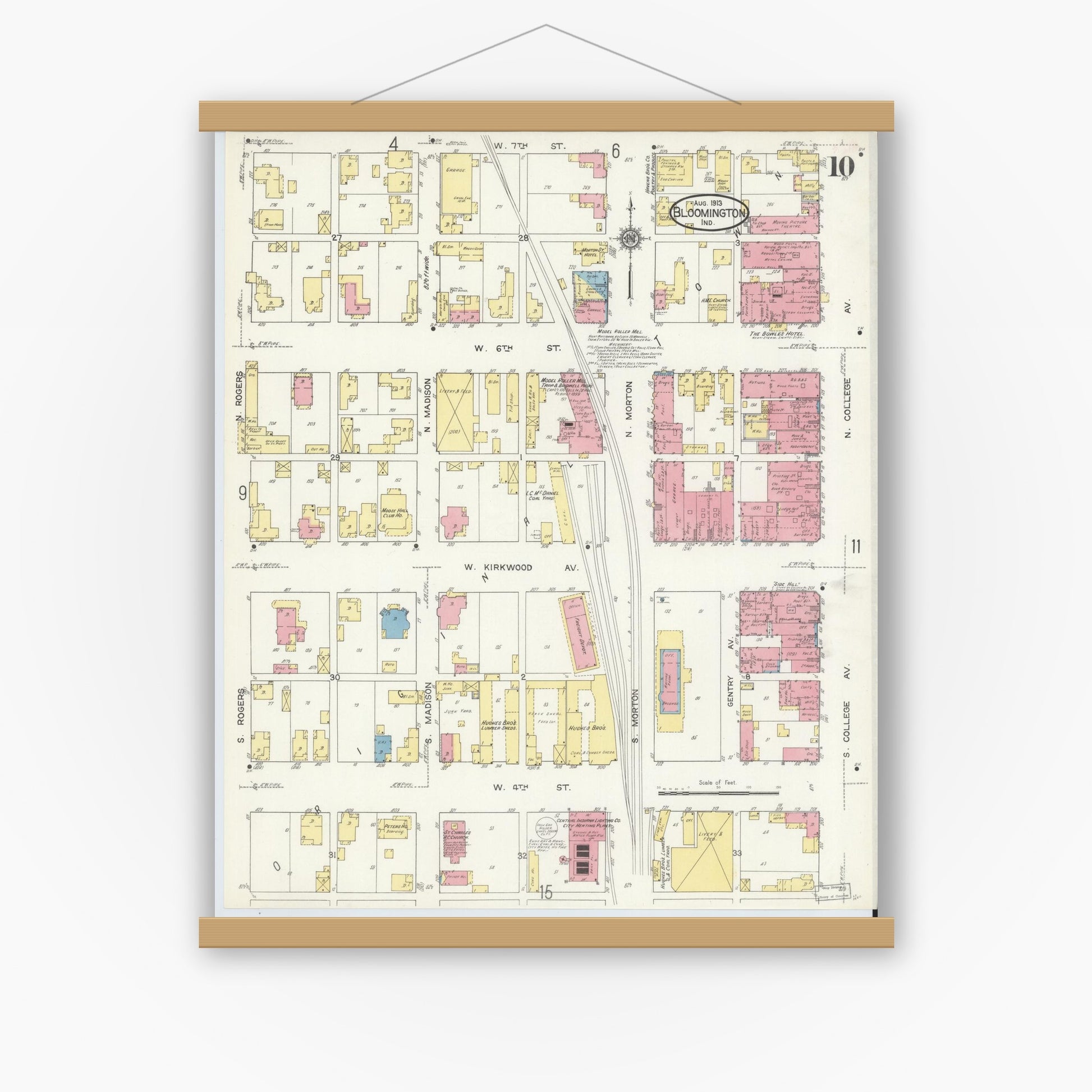 Old map wall art mockup — magnetic wood frame on white wall — Sanborn Fire Insurance Map from Bloomington, Monroe County, Indiana (1913), Sheet #0010