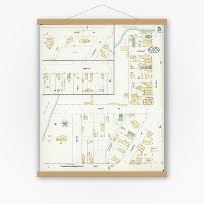 Old map wall art mockup — magnetic wood frame on white wall — Sanborn Fire Insurance Map from Peshtigo, Marinette County, Wisconsin (1904), Sheet #0005