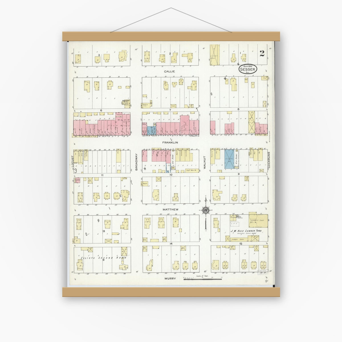 Old map wall art mockup — magnetic wood frame on white wall — Sanborn Fire Insurance Map from Sesser, Franklin County, Illinois (1914), Sheet #0002