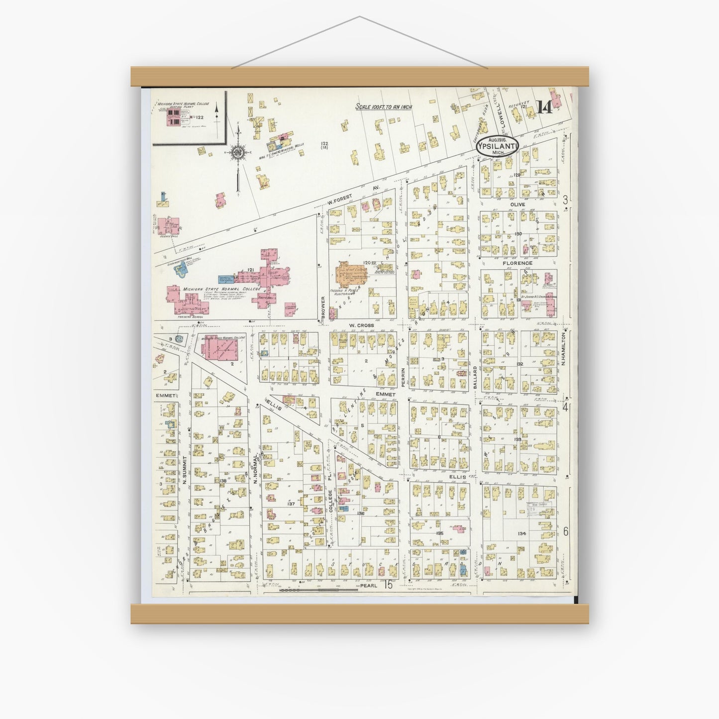 Old map wall art mockup — magnetic wood frame on white wall — Sanborn Fire Insurance Map from Ypsilanti, Washtenaw County, Michigan (1916), Sheet #0014