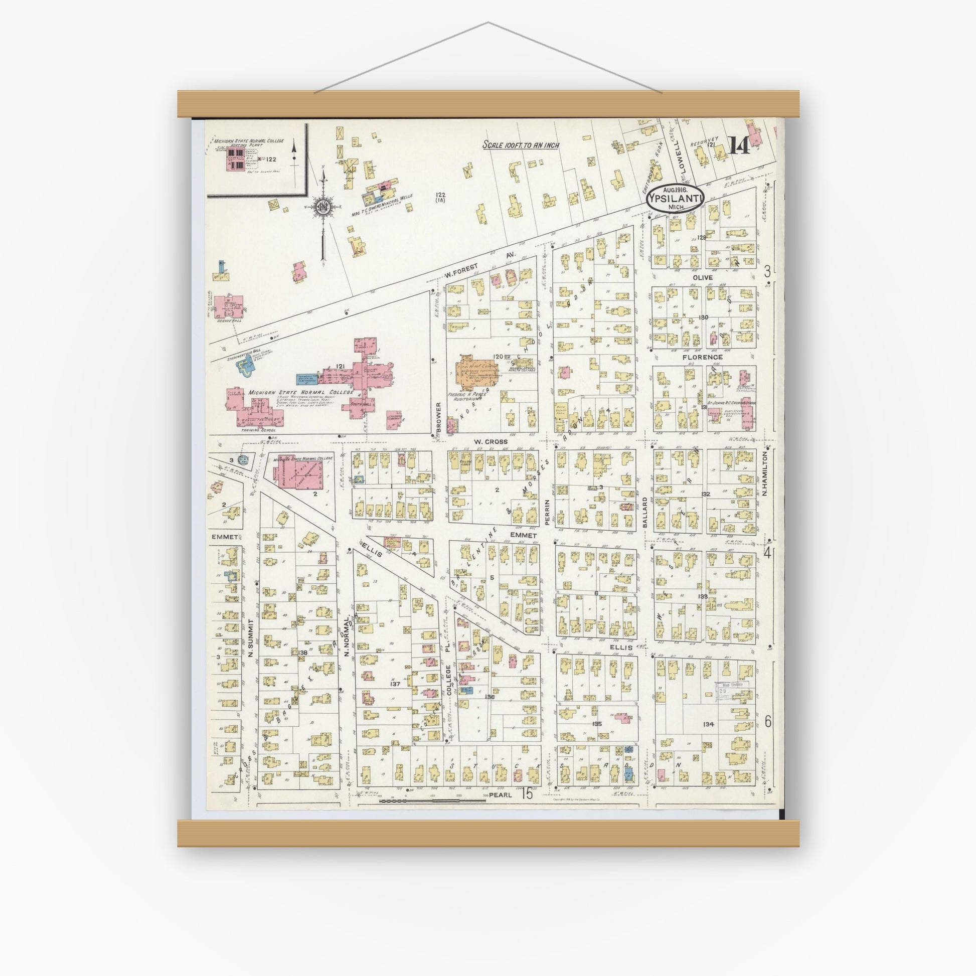 Old map wall art mockup — magnetic wood frame on white wall — Sanborn Fire Insurance Map from Ypsilanti, Washtenaw County, Michigan (1916), Sheet #0014