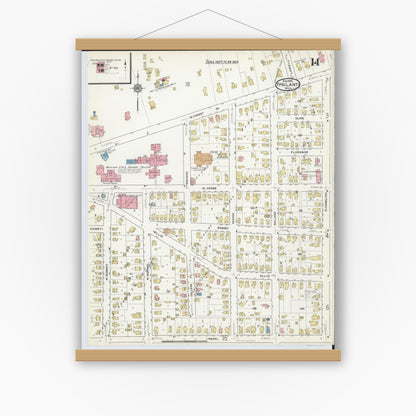 Old map wall art mockup — magnetic wood frame on white wall — Sanborn Fire Insurance Map from Ypsilanti, Washtenaw County, Michigan (1916), Sheet #0014