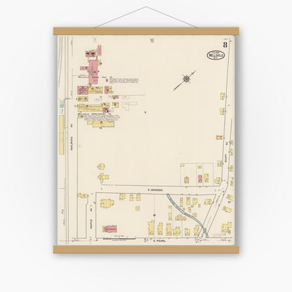 Old map wall art mockup — magnetic wood frame on white wall — Sanborn Fire Insurance Map from Wellsville, Allegany County, New York (1922), Sheet #0008