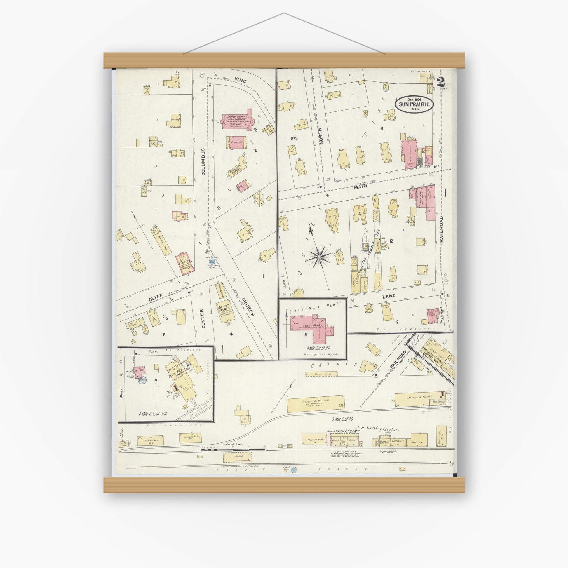 Old map wall art mockup — magnetic wood frame on white wall — Sanborn Fire Insurance Map from Sun Prairie, Dane County, Wisconsin (1905), Sheet #0002