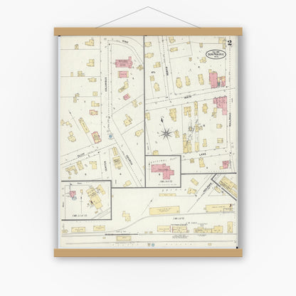 Old map wall art mockup — magnetic wood frame on white wall — Sanborn Fire Insurance Map from Sun Prairie, Dane County, Wisconsin (1905), Sheet #0002