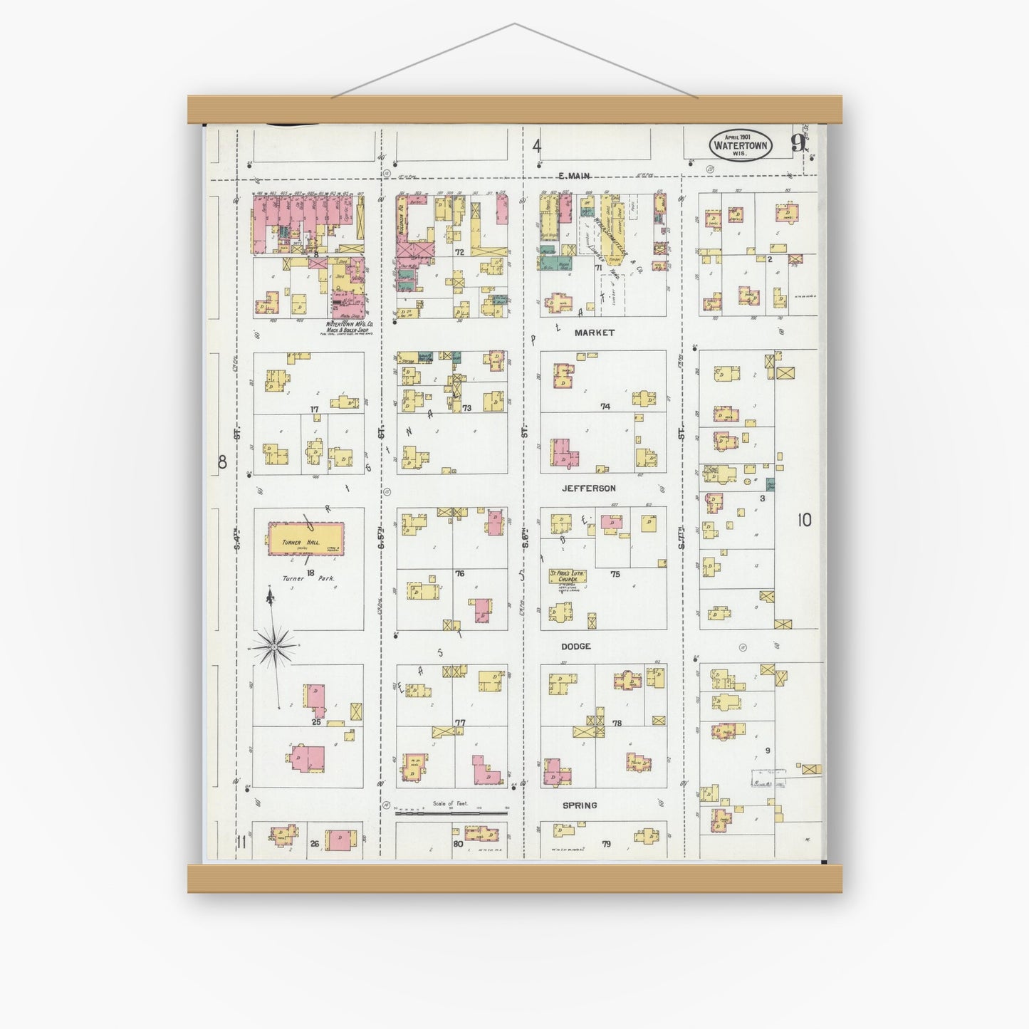 Old map wall art mockup — magnetic wood frame on white wall — Sanborn Fire Insurance Map from Watertown, Jefferson County, Wisconsin (1901), Sheet #0009