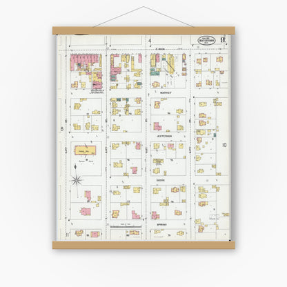 Old map wall art mockup — magnetic wood frame on white wall — Sanborn Fire Insurance Map from Watertown, Jefferson County, Wisconsin (1901), Sheet #0009