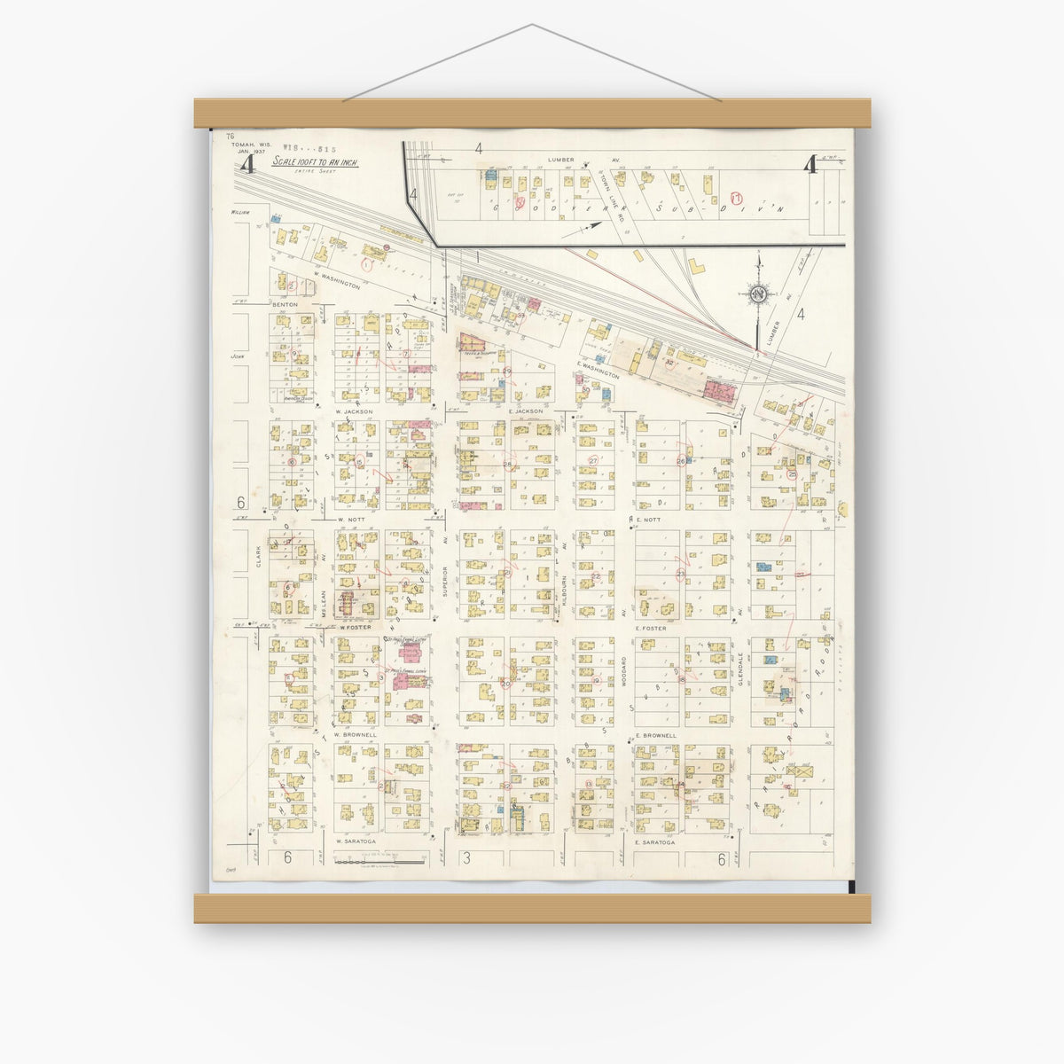 Old map wall art mockup — magnetic wood frame on white wall — Sanborn Fire Insurance Map from Tomah, Monroe County, Wisconsin (1944), Sheet #0004