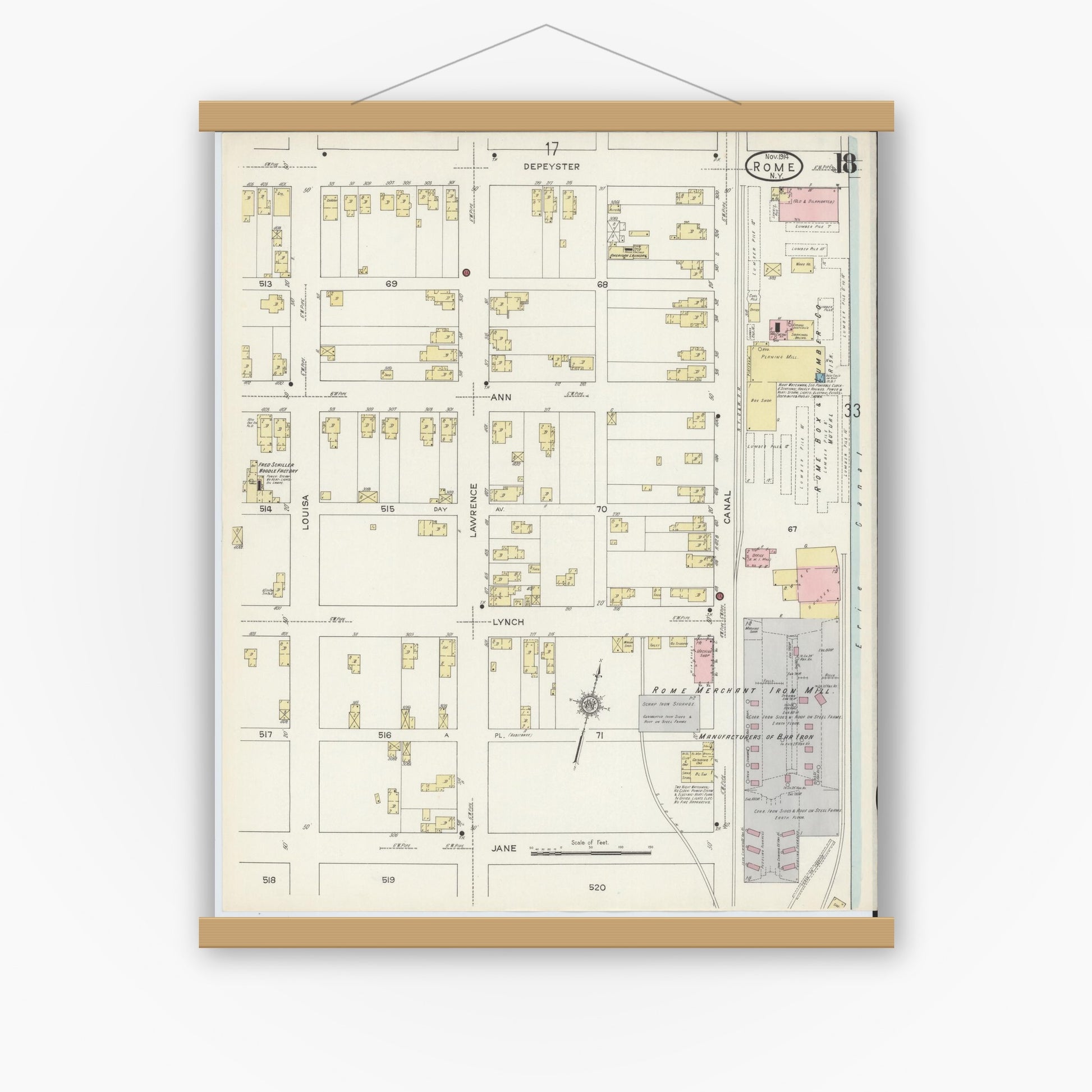Old map wall art mockup — magnetic wood frame on white wall — Sanborn Fire Insurance Map from Rome, Oneida County, New York (1914), Sheet #0018