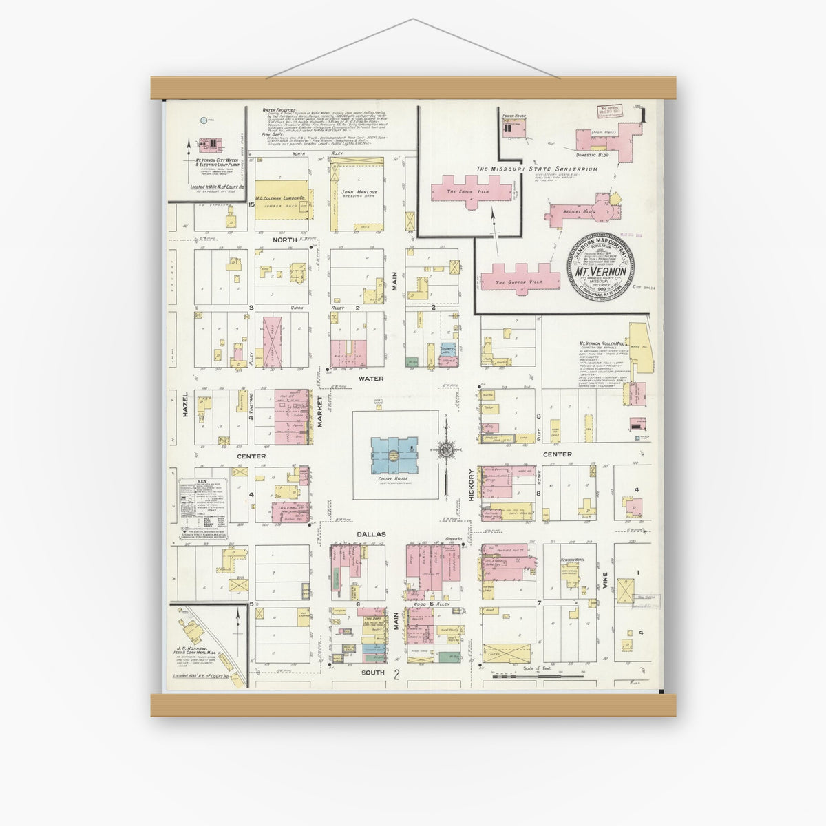 Old map wall art mockup — magnetic wood frame on white wall — Sanborn Fire Insurance Map from Mount Vernon, Lawrence County, Missouri (1909) - Complete Map Set