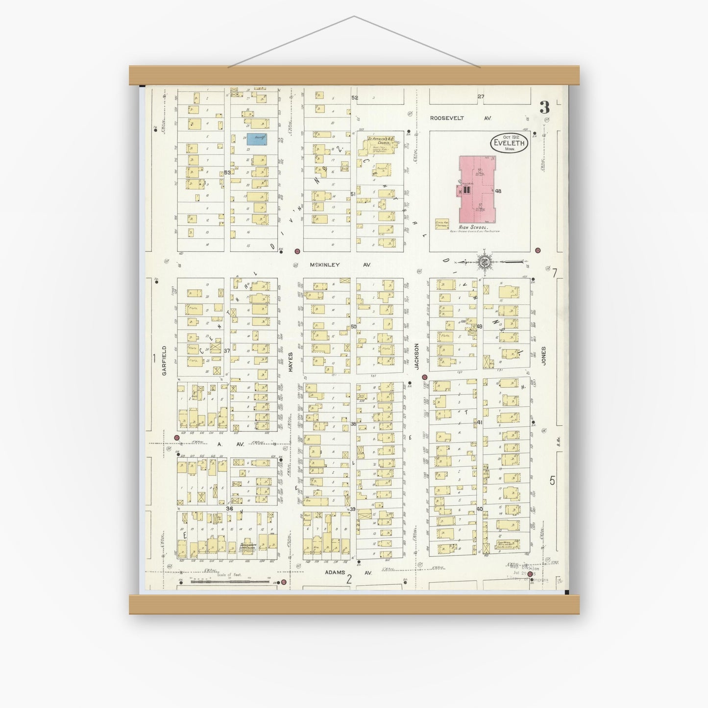 Old map wall art mockup — magnetic wood frame on white wall — Sanborn Fire Insurance Map from Eveleth, Saint Louis County, Minnesota (1912), Sheet #0003