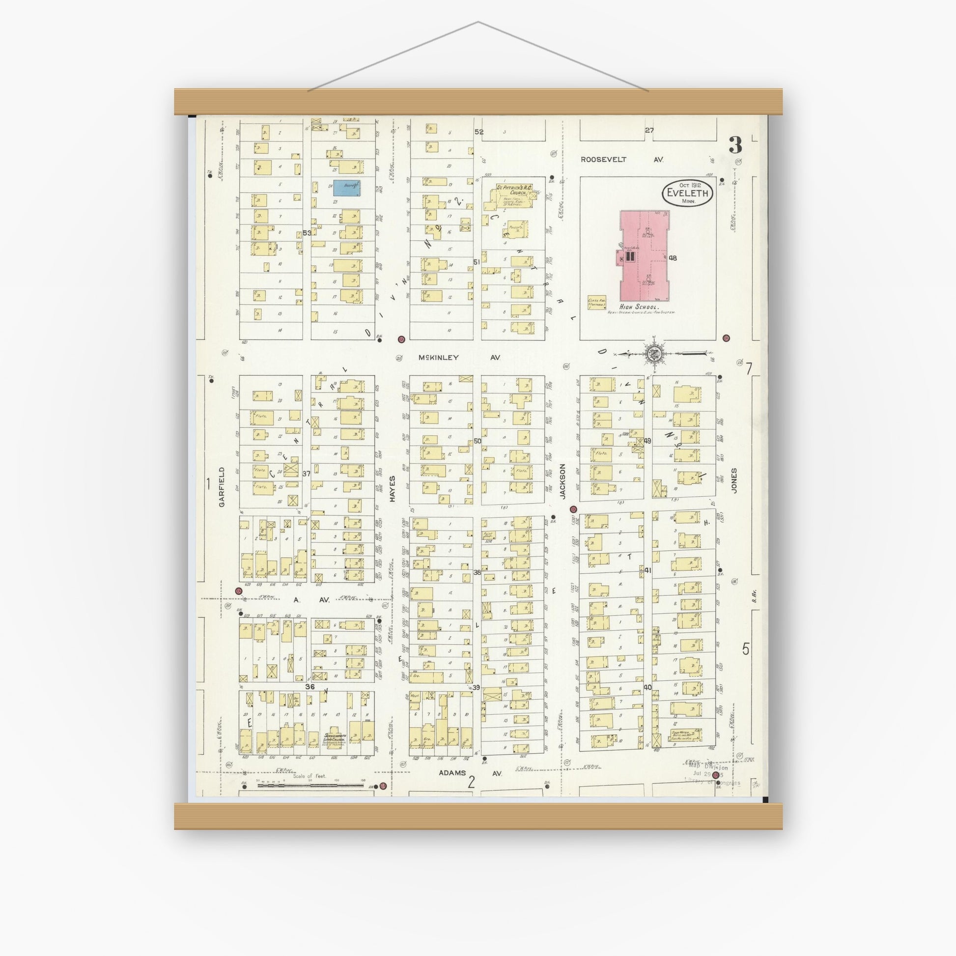 Old map wall art mockup — magnetic wood frame on white wall — Sanborn Fire Insurance Map from Eveleth, Saint Louis County, Minnesota (1912), Sheet #0003