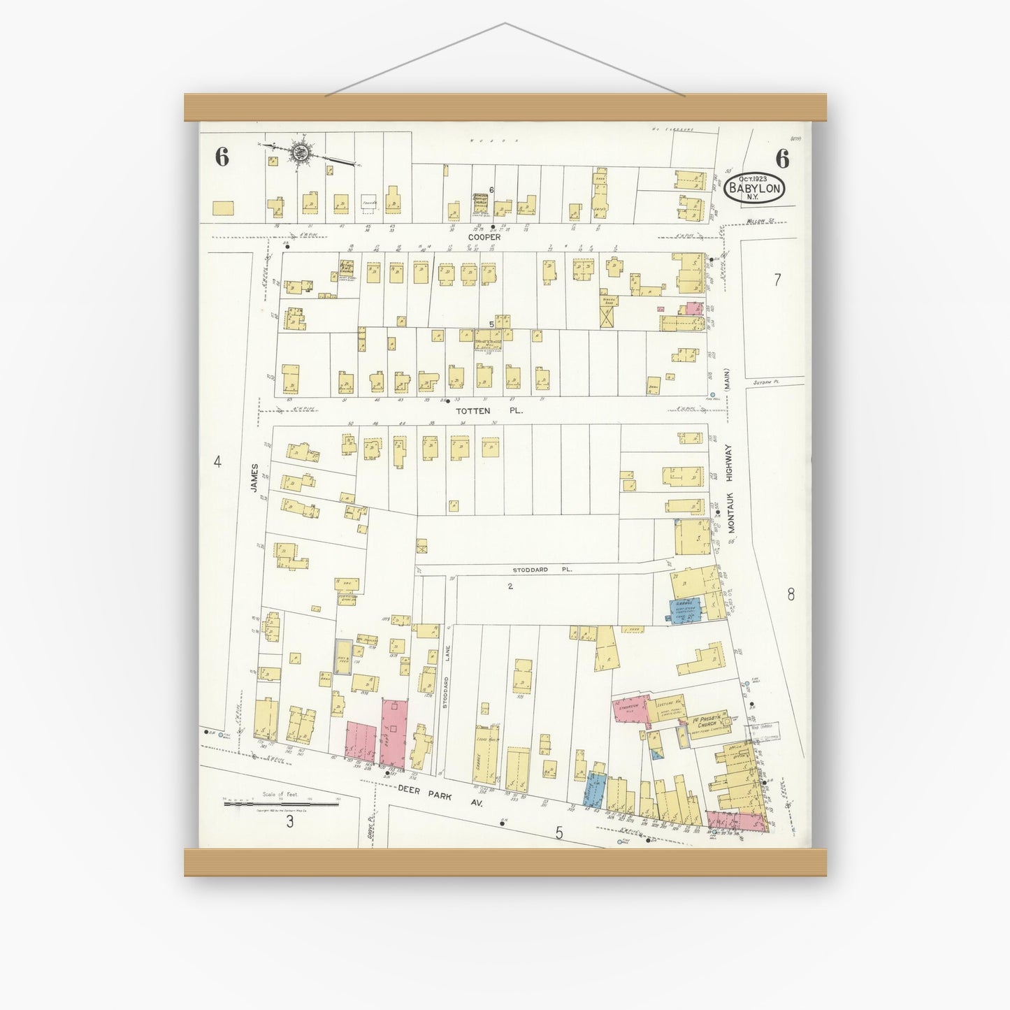 Old map wall art mockup — magnetic wood frame on white wall — Sanborn Fire Insurance Map from Babylon, Suffolk County, New York (1923), Sheet #0006