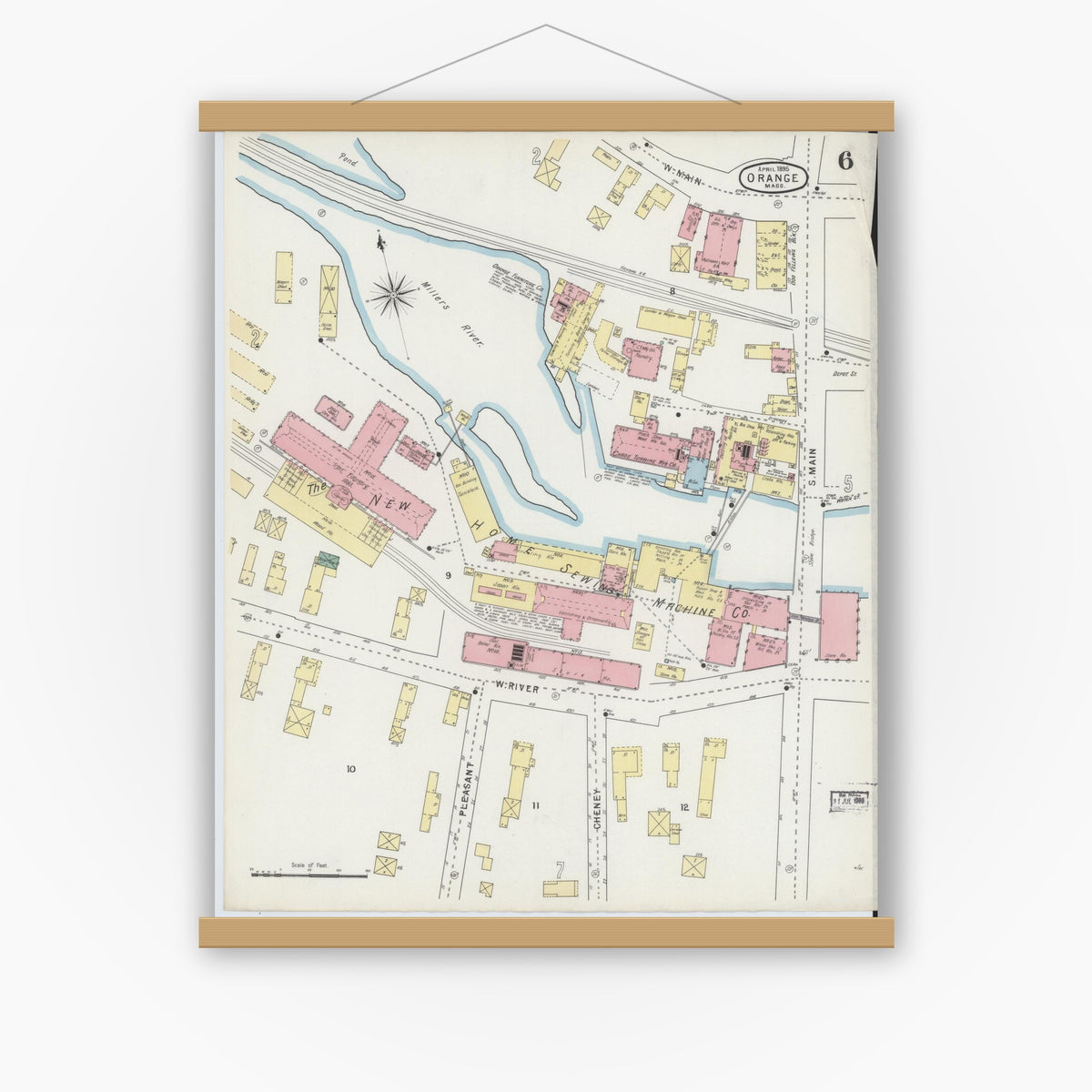 Old map wall art mockup — magnetic wood frame on white wall — Sanborn Fire Insurance Map from Orange, Franklin County, Massachusetts (1895), Sheet #0006