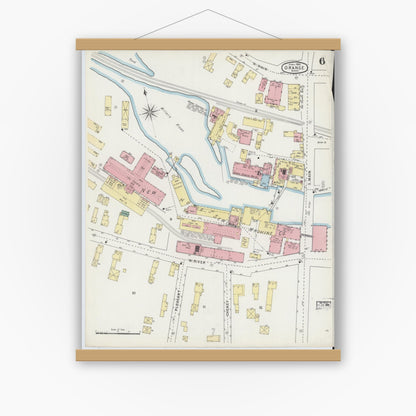Old map wall art mockup — magnetic wood frame on white wall — Sanborn Fire Insurance Map from Orange, Franklin County, Massachusetts (1895), Sheet #0006