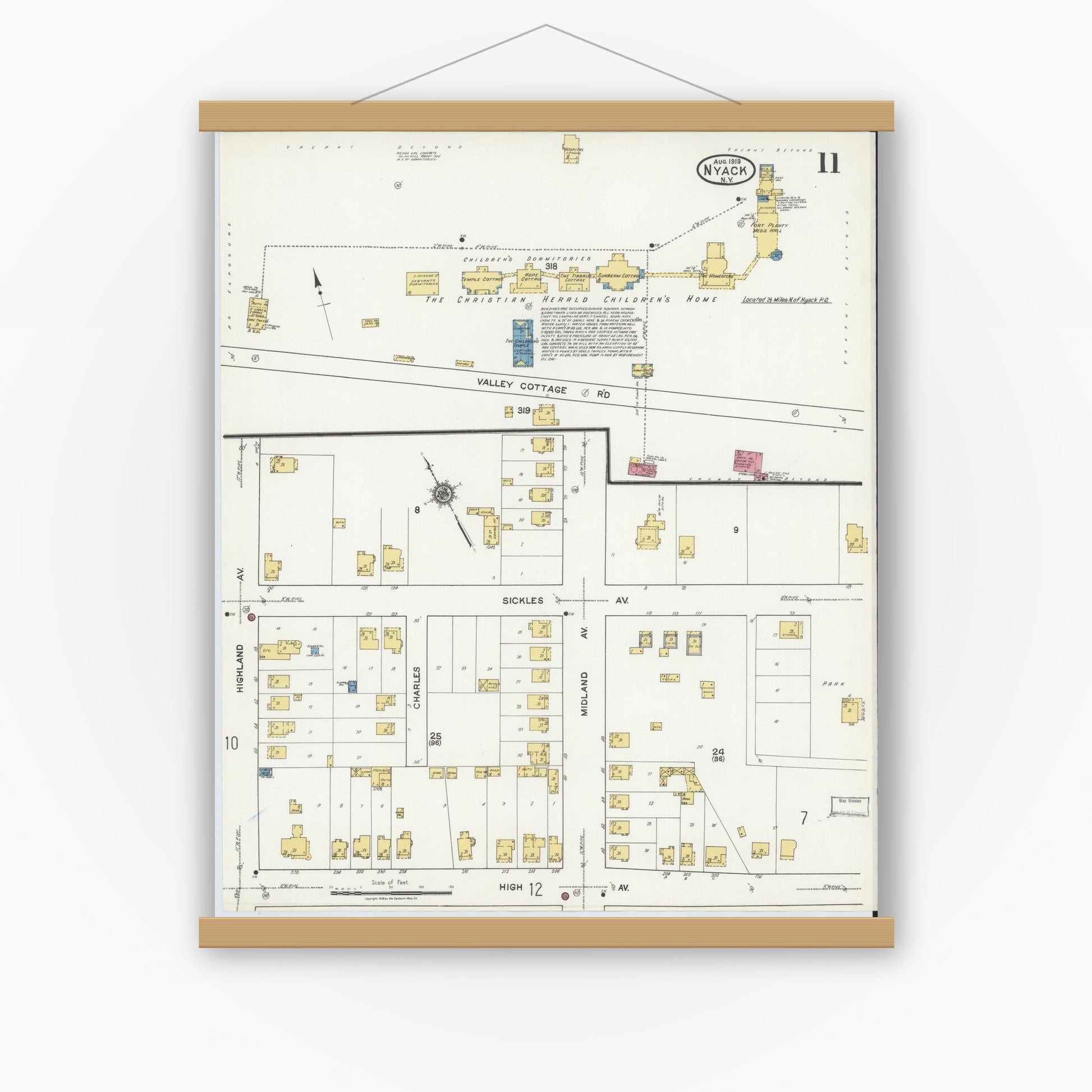 Old map wall art mockup — magnetic wood frame on white wall — Sanborn Fire Insurance Map from Nyack, Rockland County, New York. (1919), Sheet #0011