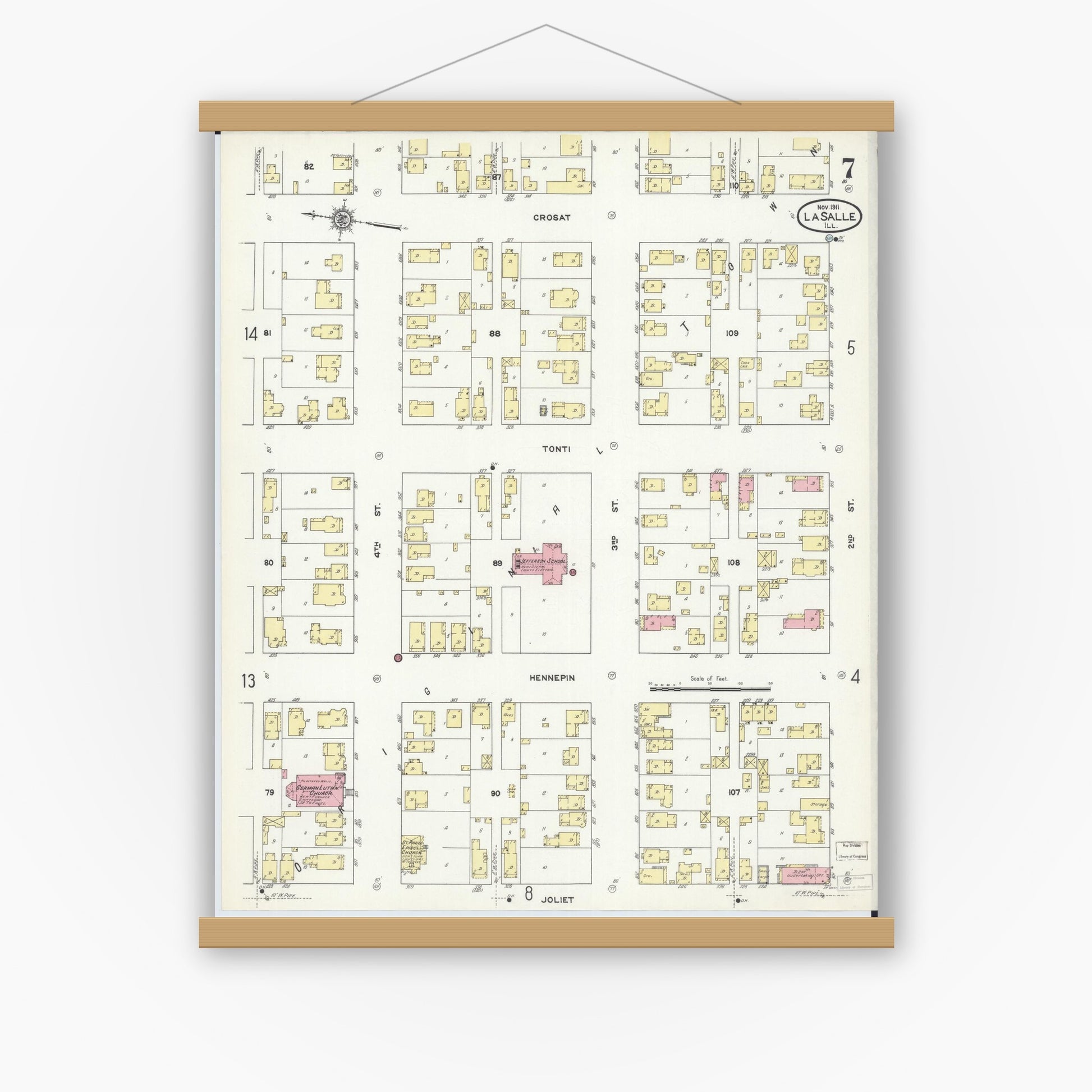 Old map wall art mockup — magnetic wood frame on white wall — Sanborn Fire Insurance Map from La Salle, La Salle County, Illinois (1911), Sheet #0007