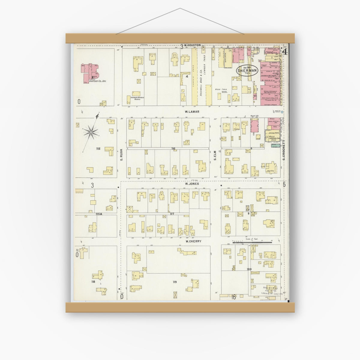 Old map wall art mockup — magnetic wood frame on white wall — Sanborn Fire Insurance Map from Sherman, Grayson County, Texas (1897), Sheet #0004