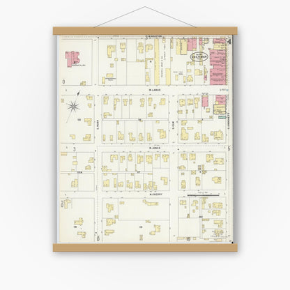 Old map wall art mockup — magnetic wood frame on white wall — Sanborn Fire Insurance Map from Sherman, Grayson County, Texas (1897), Sheet #0004