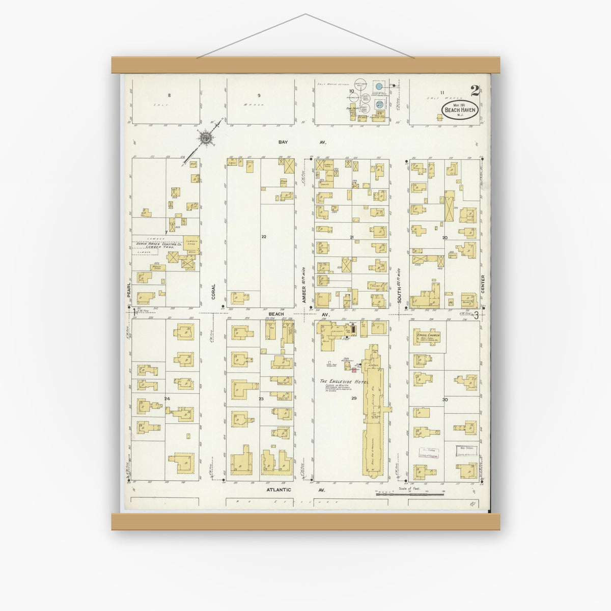 Old map wall art mockup — magnetic wood frame on white wall — Sanborn Fire Insurance Map from Beach Haven, Ocean County, New Jersey (1911), Sheet #0002