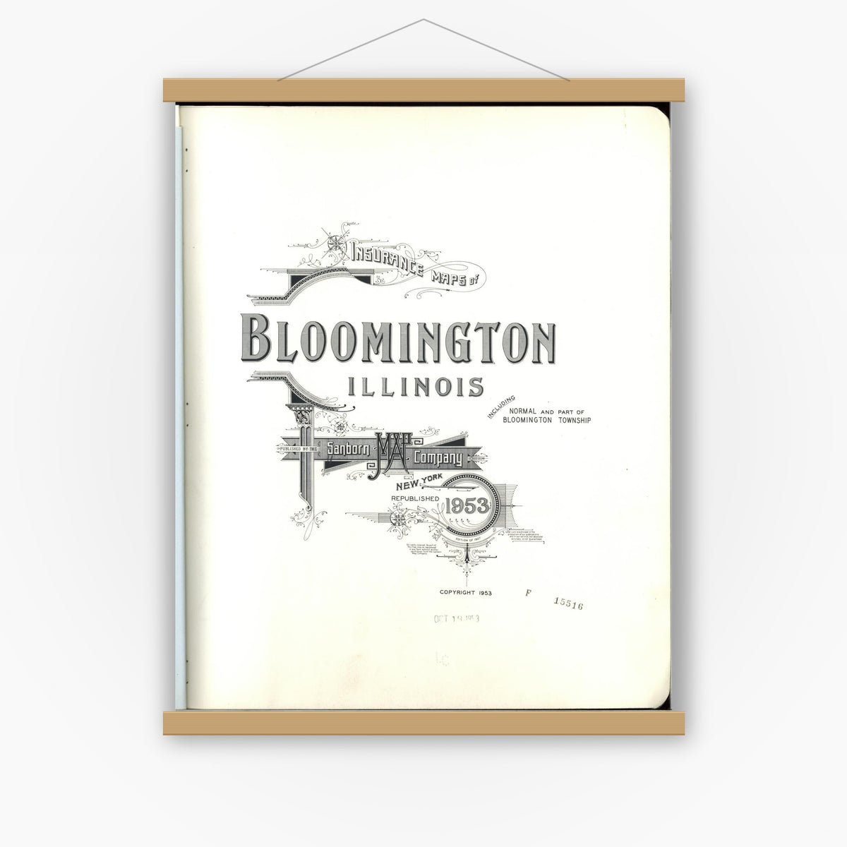 Old map wall art mockup — magnetic wood frame on white wall — Sanborn Fire Insurance Map from Bloomington, McLean County, Illinois (1953), Sheet #0001