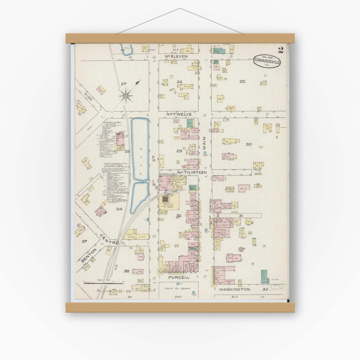 Old map wall art mockup — magnetic wood frame on white wall — Sanborn Fire Insurance Map from Edwardsville, Madison County, Illinois (1886), Sheet #0002