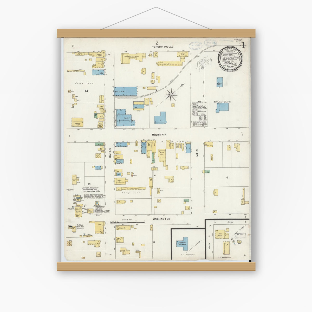 Old map wall art mockup — magnetic wood frame on white wall — Sanborn Fire Insurance Map from Kerrville, Kerr County, Texas (1898) - Complete Map Set