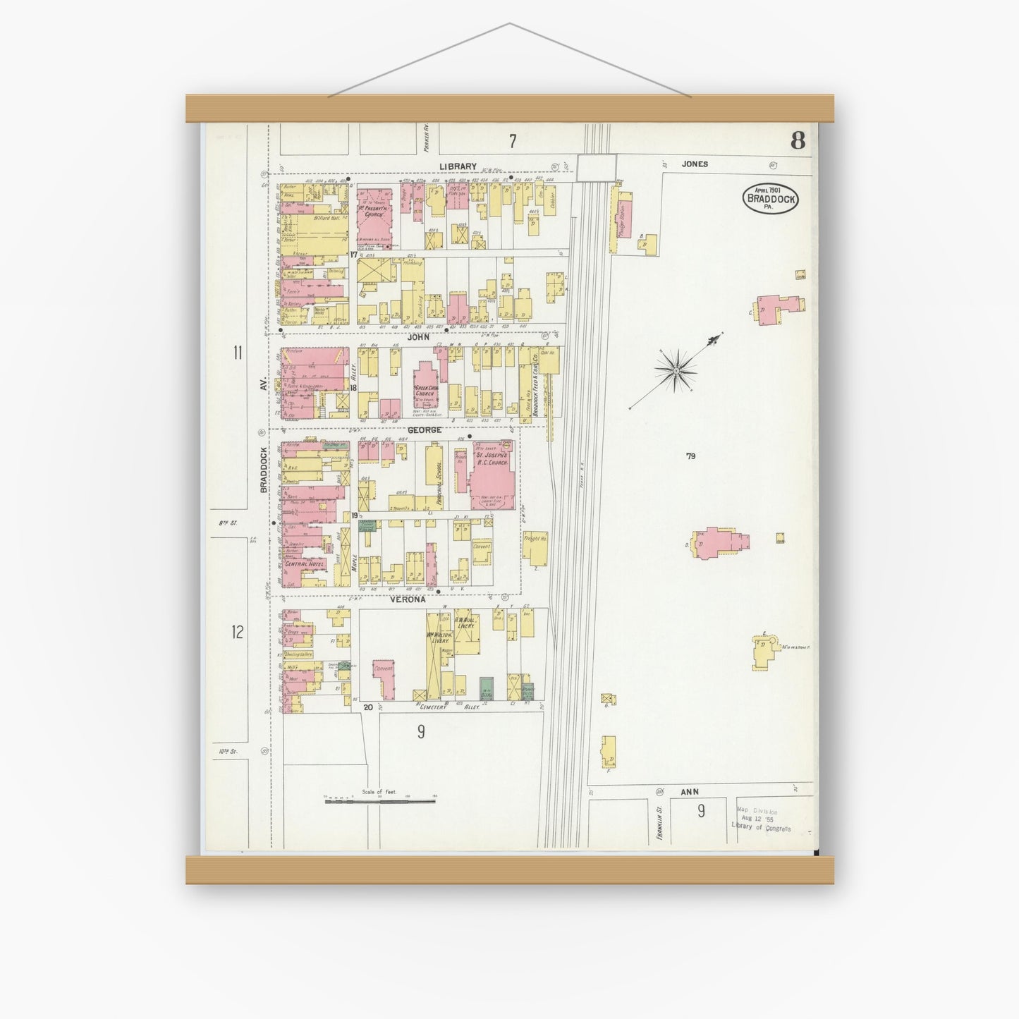 Old map wall art mockup — magnetic wood frame on white wall — Sanborn Fire Insurance Map from Braddock, Allegheny County, Pennsylvania (1901), Sheet #0008