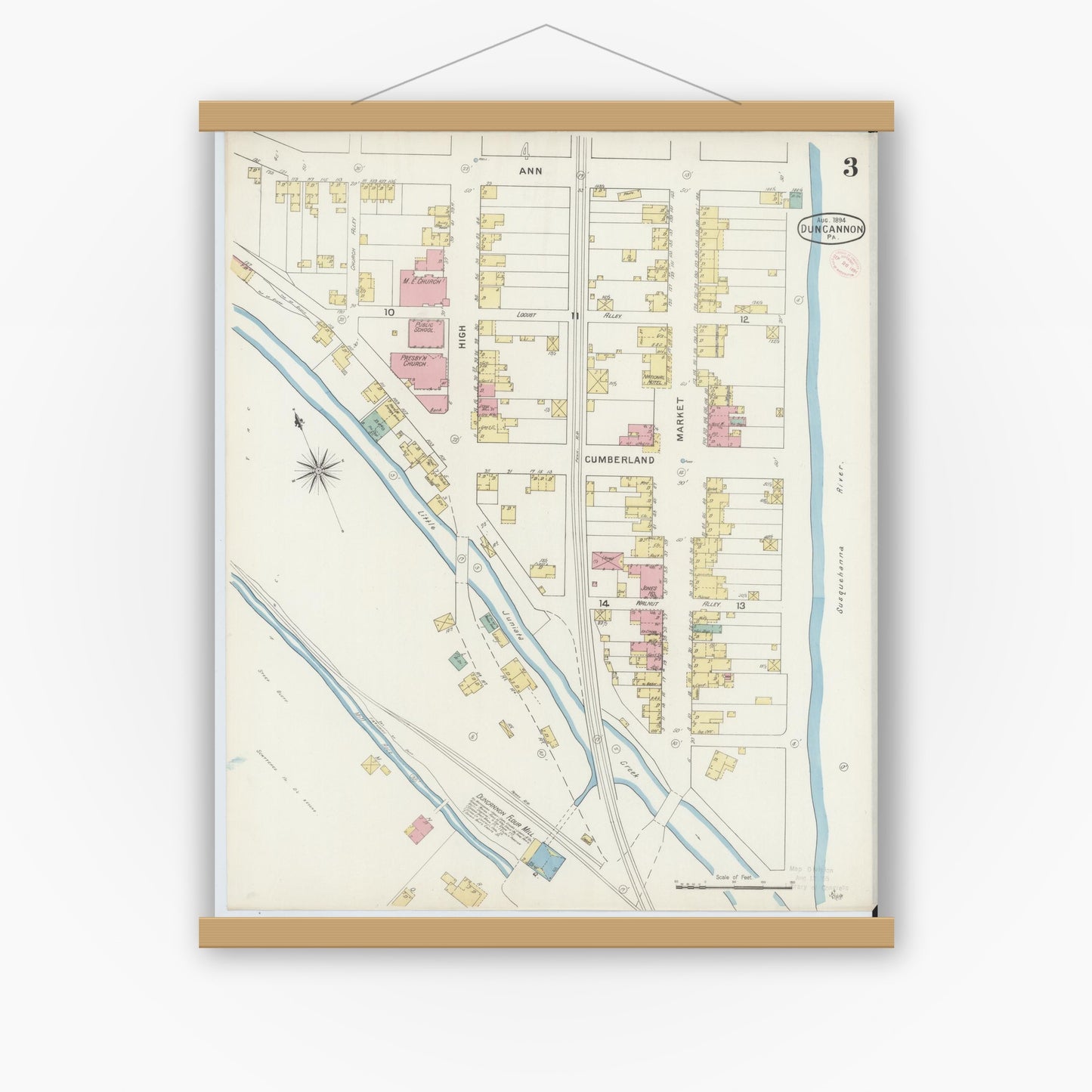 Old map wall art mockup — magnetic wood frame on white wall — Sanborn Fire Insurance Map from Duncannon, Perry County, Pennsylvania (1894), Sheet #0003