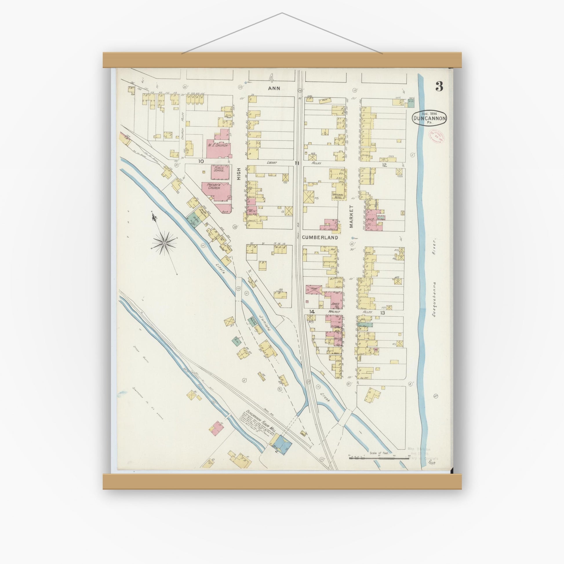 Old map wall art mockup — magnetic wood frame on white wall — Sanborn Fire Insurance Map from Duncannon, Perry County, Pennsylvania (1894), Sheet #0003