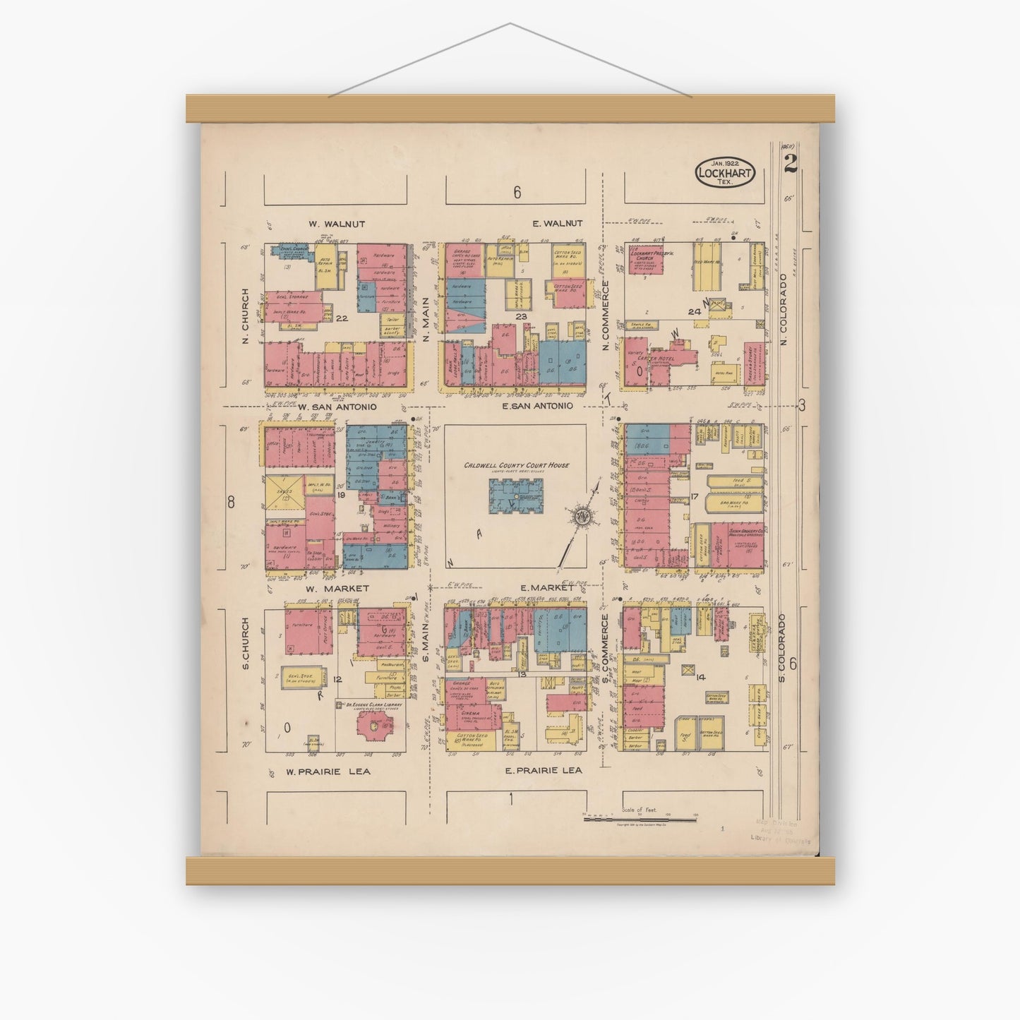 Old map wall art mockup — magnetic wood frame on white wall — Sanborn Fire Insurance Map from Lockhart, Caldwell County, Texas (1922), Sheet #0002