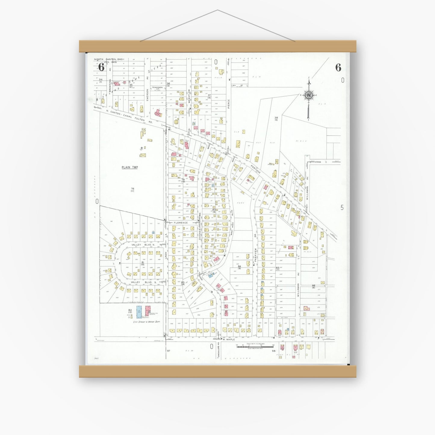 Old map wall art mockup — magnetic wood frame on white wall — Sanborn Fire Insurance Map from North Canton, Stark County, Ohio (1948), Sheet #0006