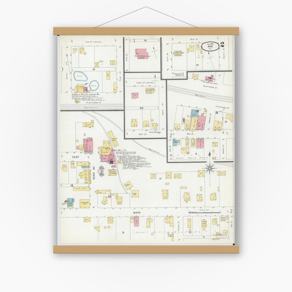 Old map wall art mockup — magnetic wood frame on white wall — Sanborn Fire Insurance Map from Ava, Jackson County, Illinois (1902), Sheet #0002