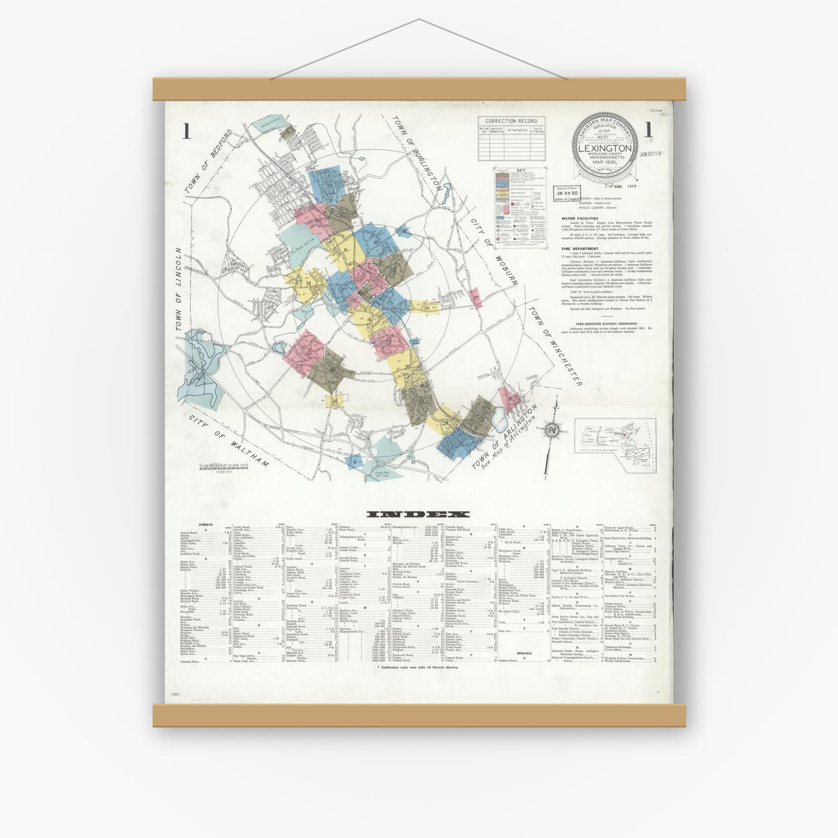 Old map wall art mockup — magnetic wood frame on white wall — Sanborn Fire Insurance Map from Lexington, Middlesex County, Massachusetts (1935), Sheet #0001