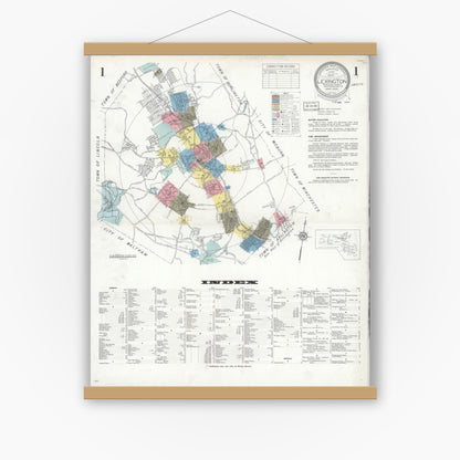 Old map wall art mockup — magnetic wood frame on white wall — Sanborn Fire Insurance Map from Lexington, Middlesex County, Massachusetts (1935), Sheet #0001
