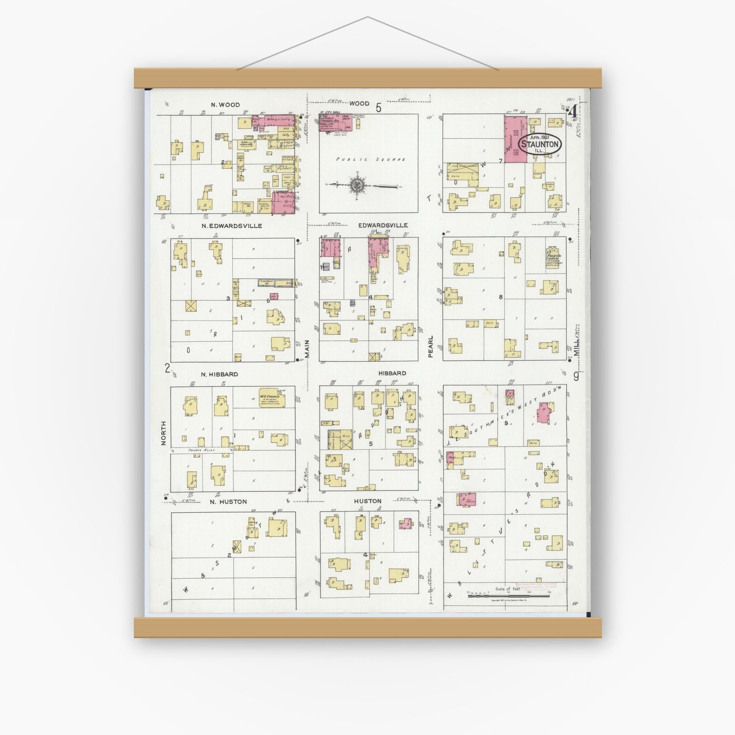 Old map wall art mockup — magnetic wood frame on white wall — Sanborn Fire Insurance Map from Staunton, Macoupin County, Illinois (1921), Sheet #0004