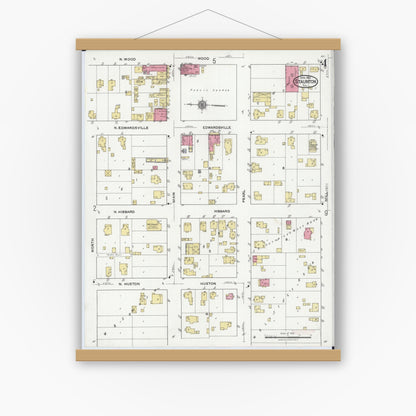 Old map wall art mockup — magnetic wood frame on white wall — Sanborn Fire Insurance Map from Staunton, Macoupin County, Illinois (1921), Sheet #0004