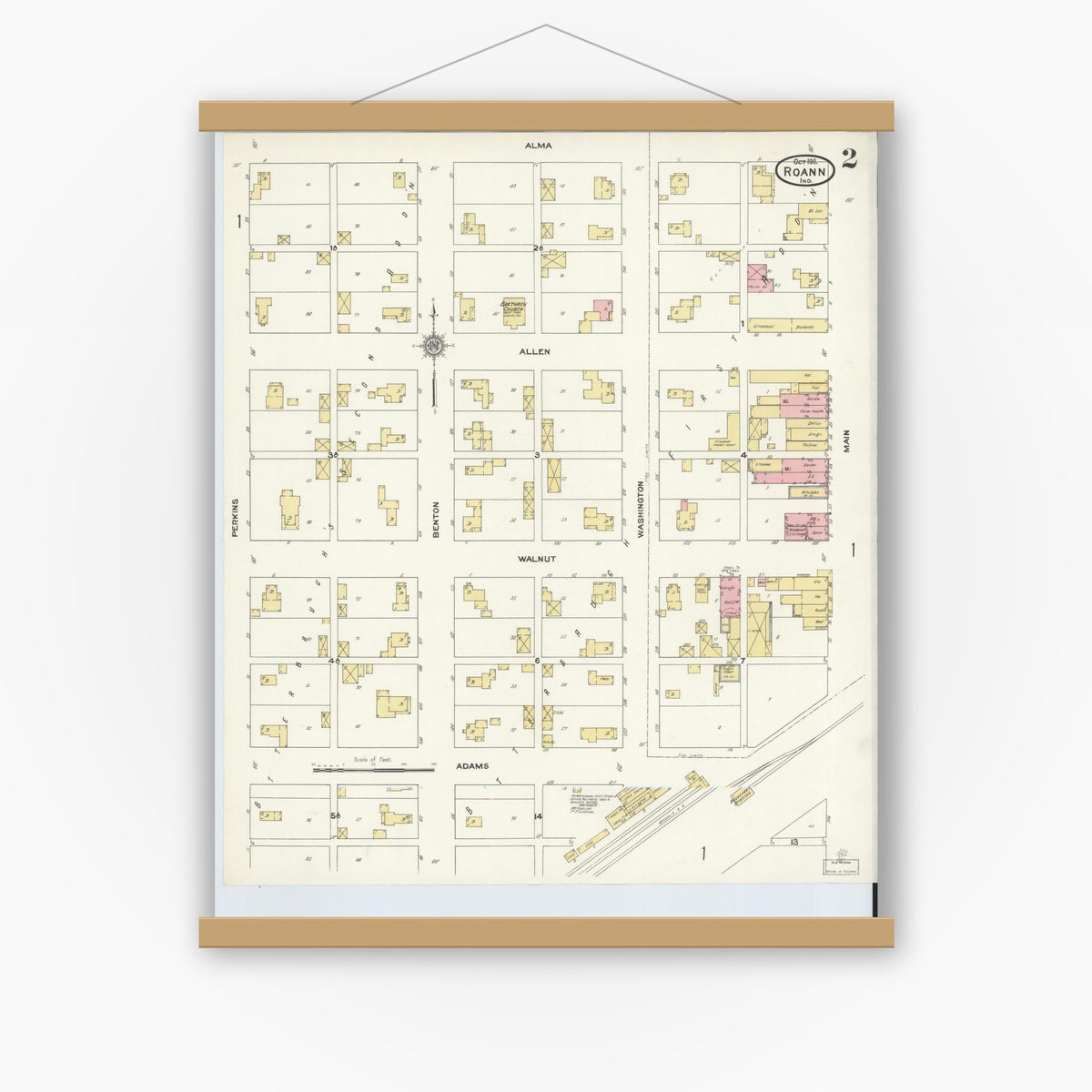 Old map wall art mockup — magnetic wood frame on white wall — Sanborn Fire Insurance Map from Roann, Wabash County, Indiana (1911), Sheet #0002