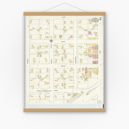 Old map wall art mockup — magnetic wood frame on white wall — Sanborn Fire Insurance Map from Roann, Wabash County, Indiana (1911), Sheet #0002