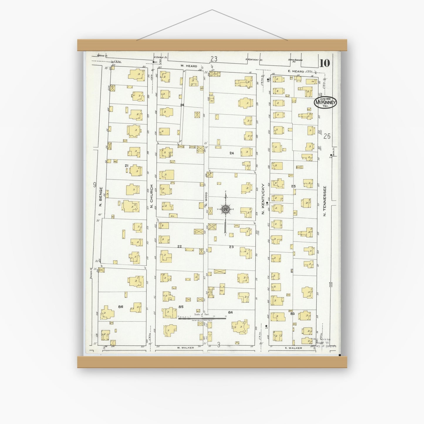 Old map wall art mockup — magnetic wood frame on white wall — Sanborn Fire Insurance Map from McKinney, Collin County, Texas (1920), Sheet #0010