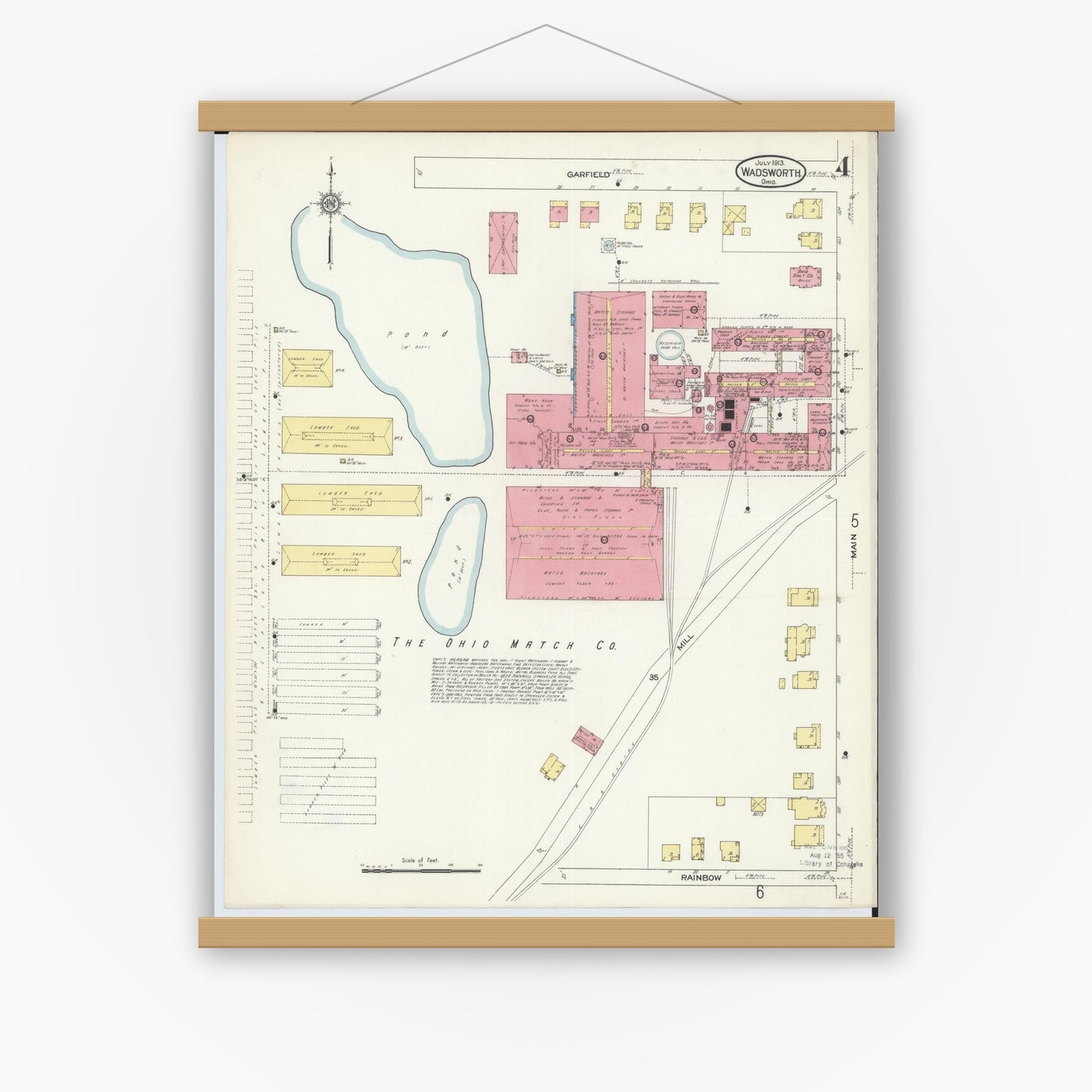 Old map wall art mockup — magnetic wood frame on white wall — Sanborn Fire Insurance Map from Wadsworth, Medina County, Ohio (1913), Sheet #0004