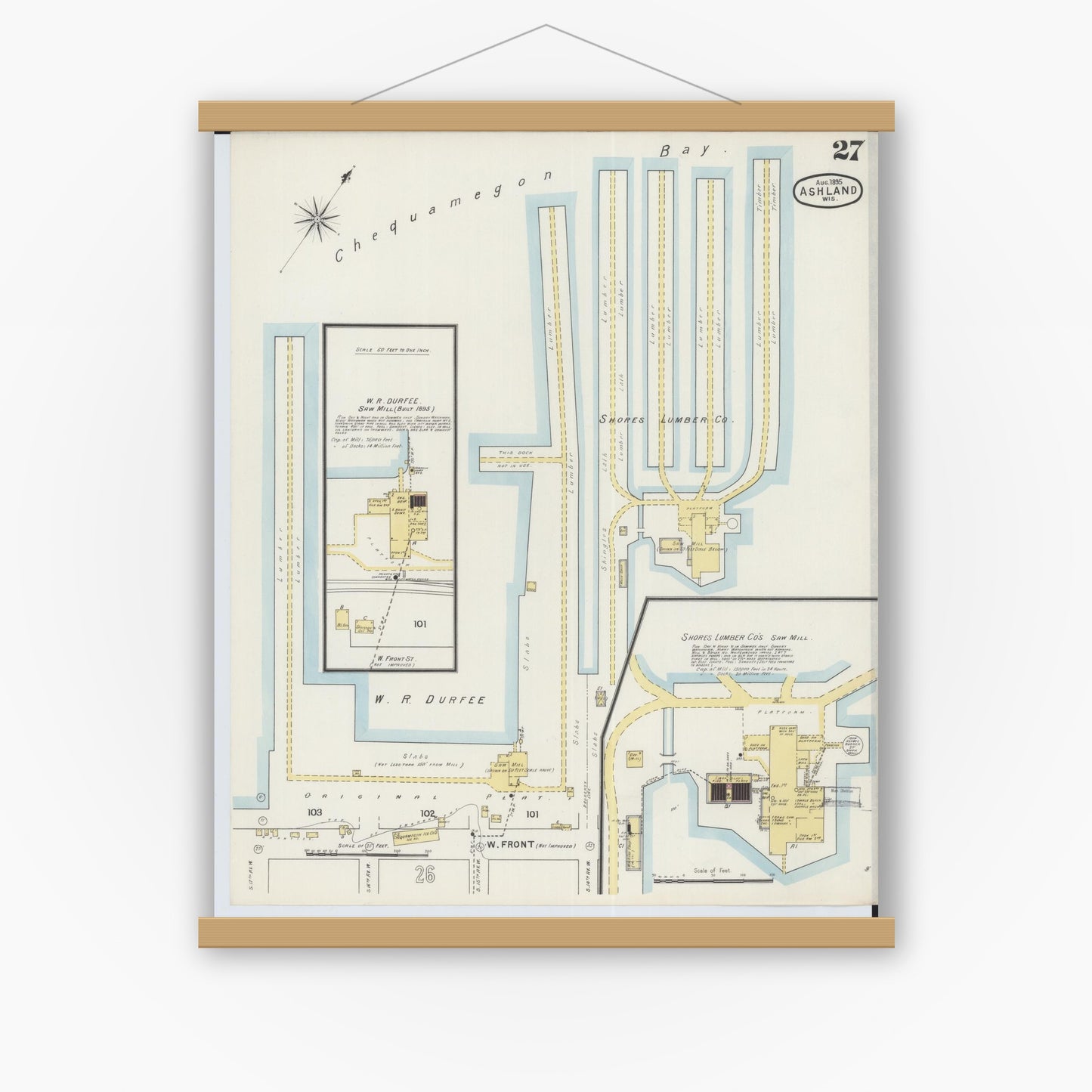 Old map wall art mockup — magnetic wood frame on white wall — Sanborn Fire Insurance Map from Ashland, Ashland County, Wisconsin (1895), Sheet #0027