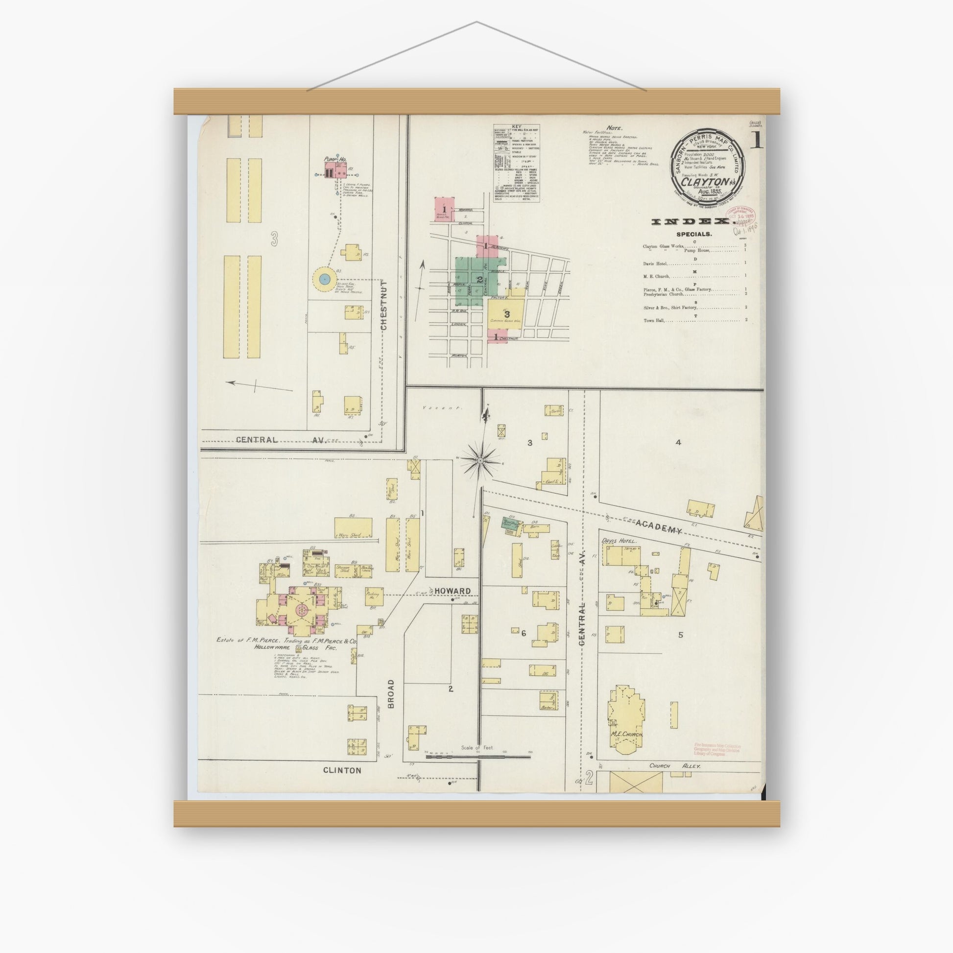 Old map wall art mockup — magnetic wood frame on white wall — Sanborn Fire Insurance Map from Clayton, Gloucester County, New Jersey (1895), Sheet #0001
