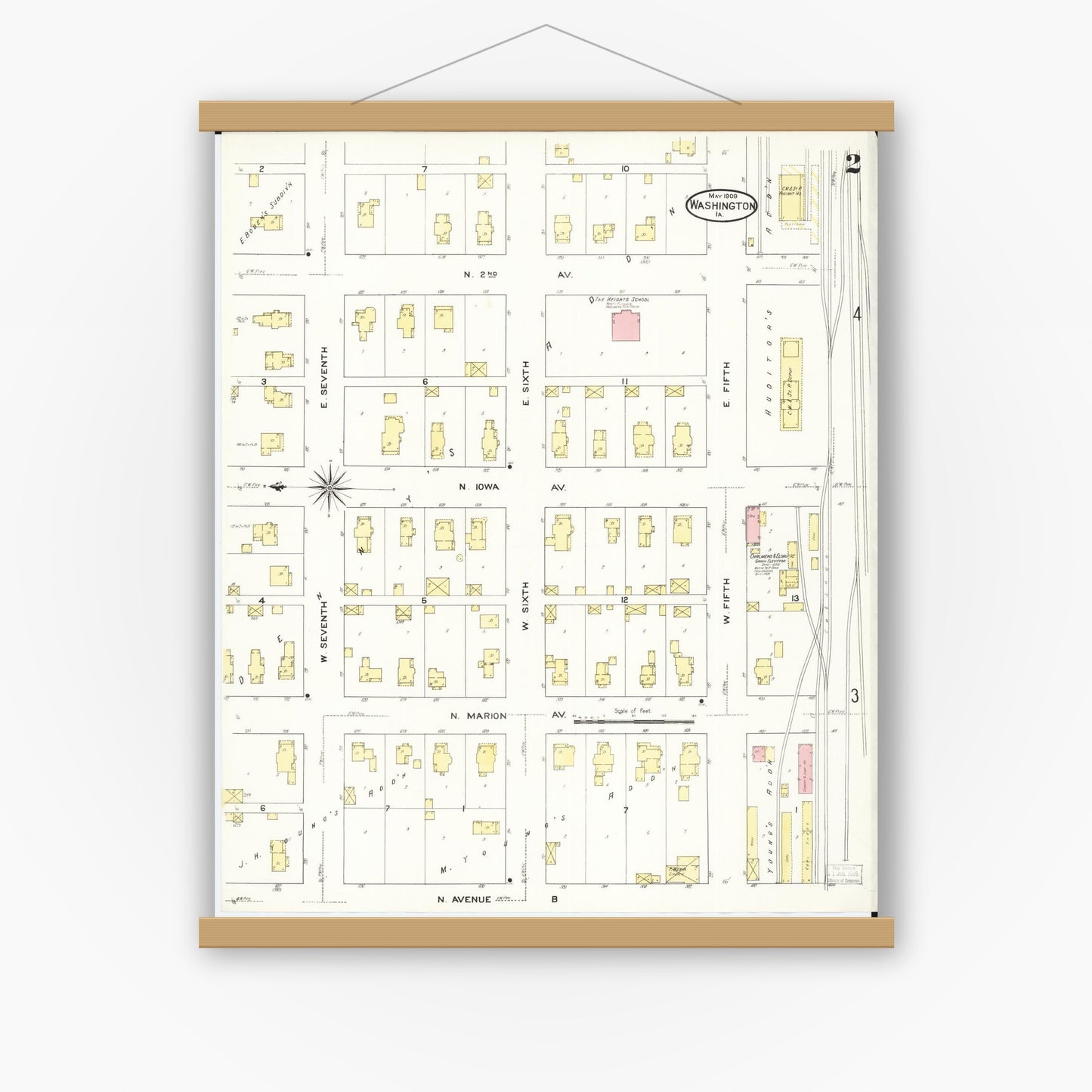 Old map wall art mockup — magnetic wood frame on white wall — Sanborn Fire Insurance Map from Washington, Washington County, Iowa (1909), Sheet #0002