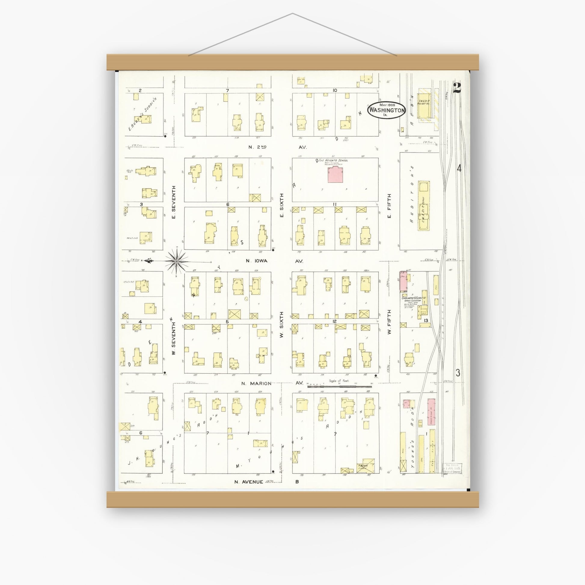 Old map wall art mockup — magnetic wood frame on white wall — Sanborn Fire Insurance Map from Washington, Washington County, Iowa (1909), Sheet #0002