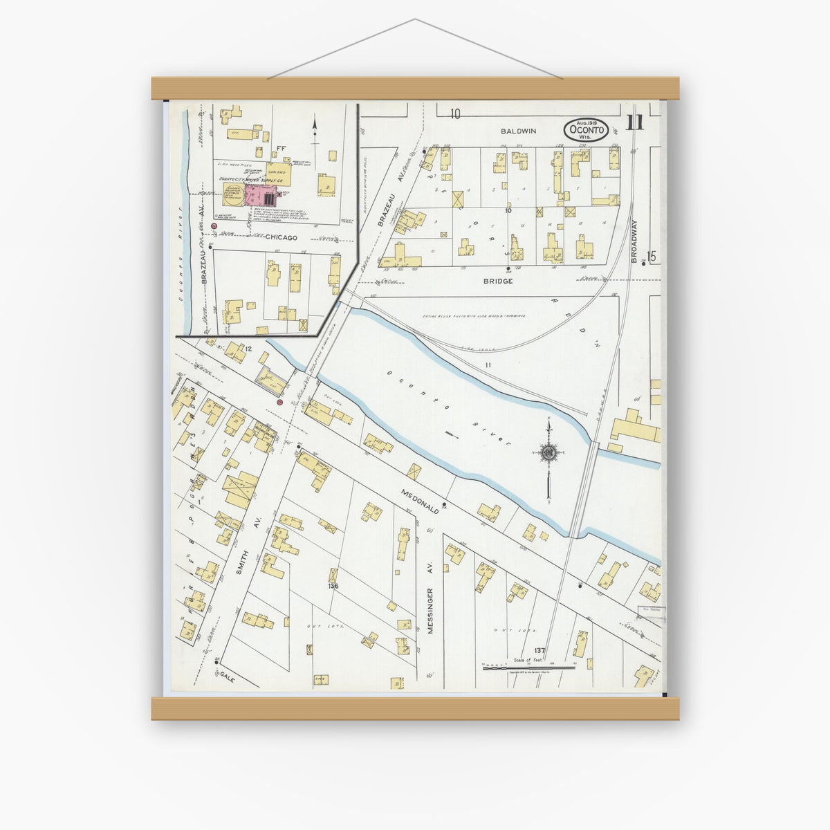 Old map wall art mockup — magnetic wood frame on white wall — Sanborn Fire Insurance Map from Oconto, Oconto County, Wisconsin (1919), Sheet #0011