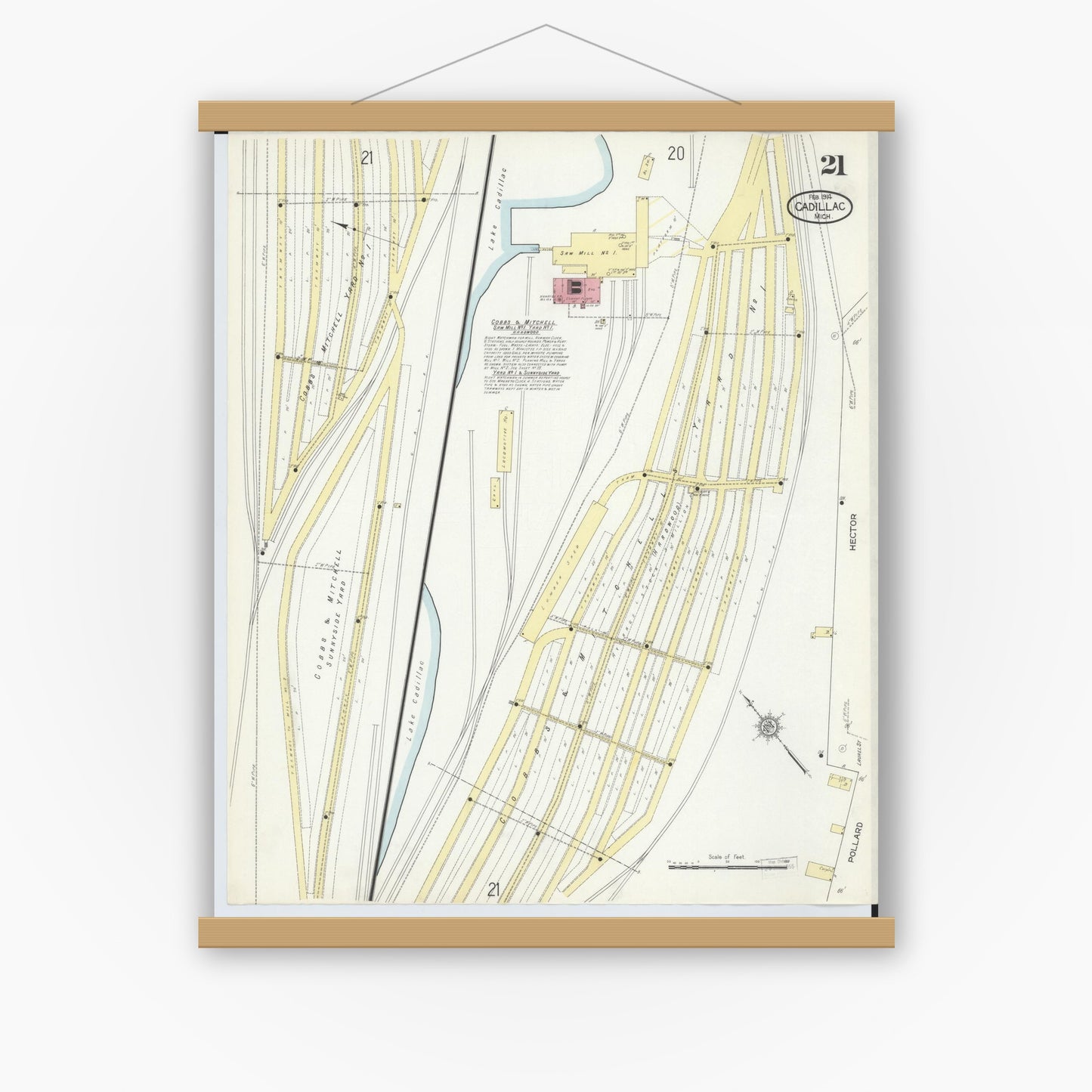 Old map wall art mockup — magnetic wood frame on white wall — Sanborn Fire Insurance Map from Cadillac, Wexford County, Michigan (1914), Sheet #0021