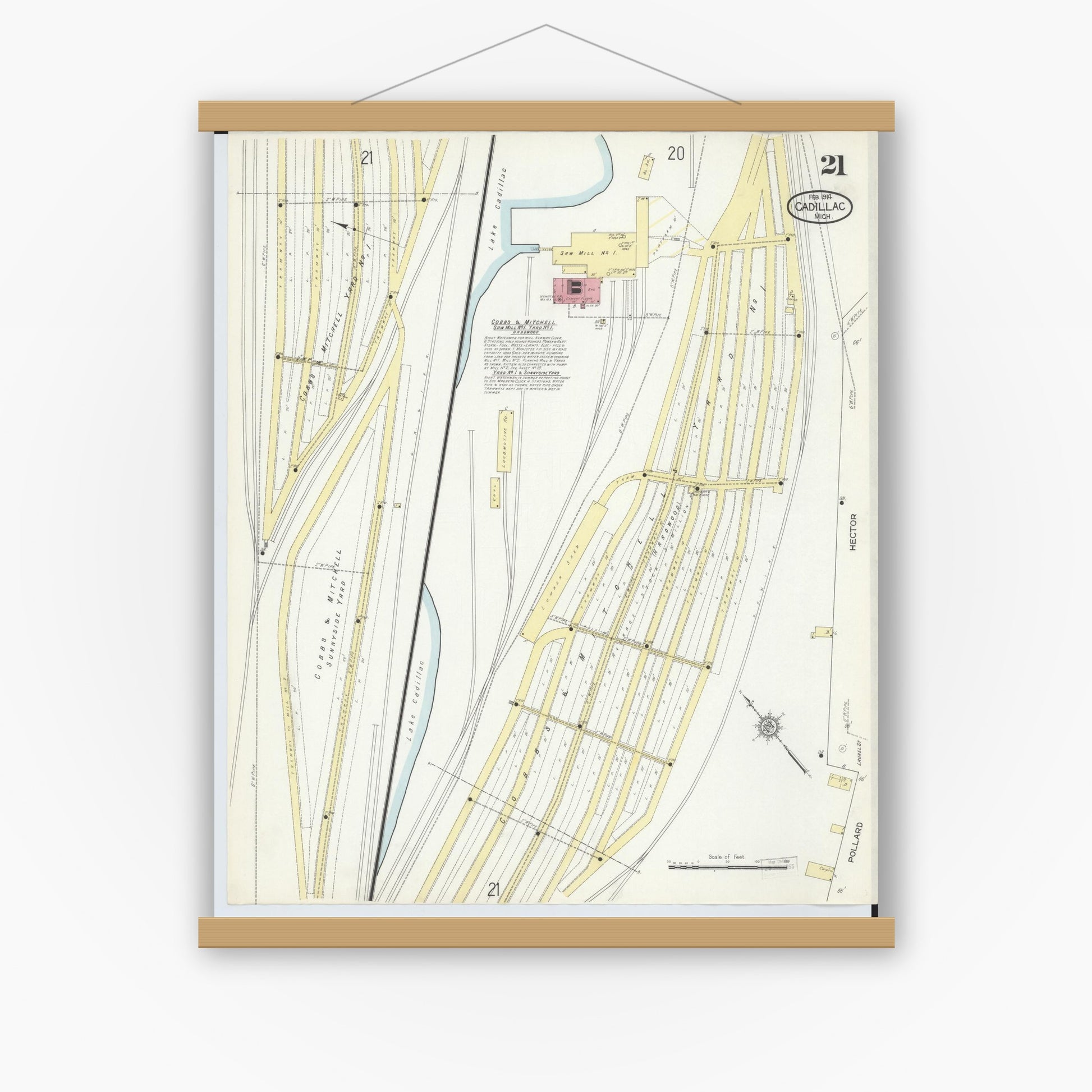 Old map wall art mockup — magnetic wood frame on white wall — Sanborn Fire Insurance Map from Cadillac, Wexford County, Michigan (1914), Sheet #0021