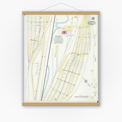 Old map wall art mockup — magnetic wood frame on white wall — Sanborn Fire Insurance Map from Cadillac, Wexford County, Michigan (1914), Sheet #0021