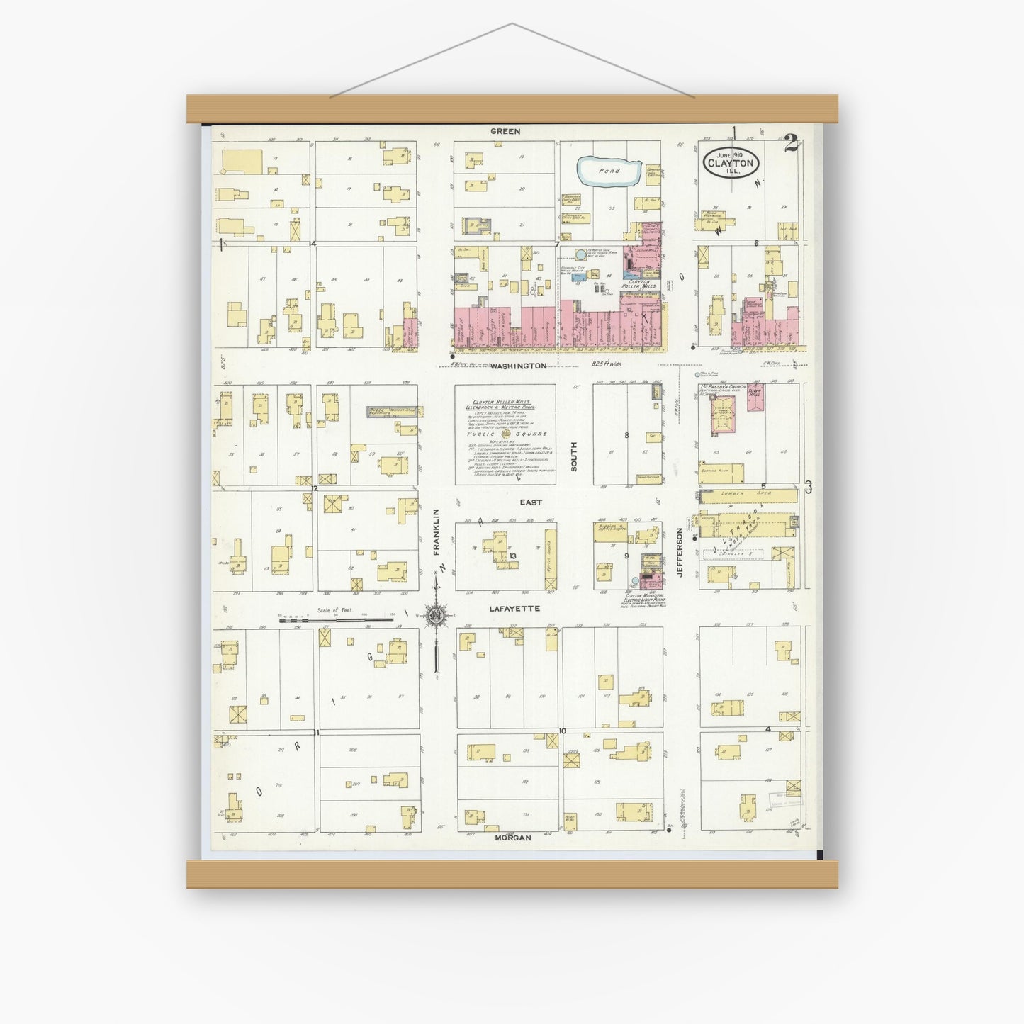 Old map wall art mockup — magnetic wood frame on white wall — Sanborn Fire Insurance Map from Clayton, Adams County, Illinois (1910), Sheet #0002
